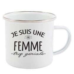 Mug Tasse Rétro en métal émaillé imprimé citation humour Je suis une femme trop géniale