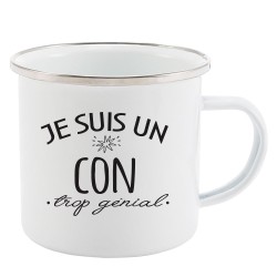Mug Tasse Rétro en métal émaillé imprimé citation humour humour Je suis un con trop génial