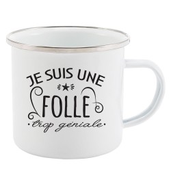 Mug Tasse Rétro en métal émaillé imprimé citation humour humour Je suis une folle trop géniale