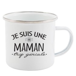 Mug Tasse Rétro en métal émaillé imprimé citation humour humour Je suis une maman trop géniale