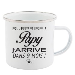 Mug Tasse Rétro en métal émaillé imprimé citation humour humour Surprise papy j'arrive dans 9 mois