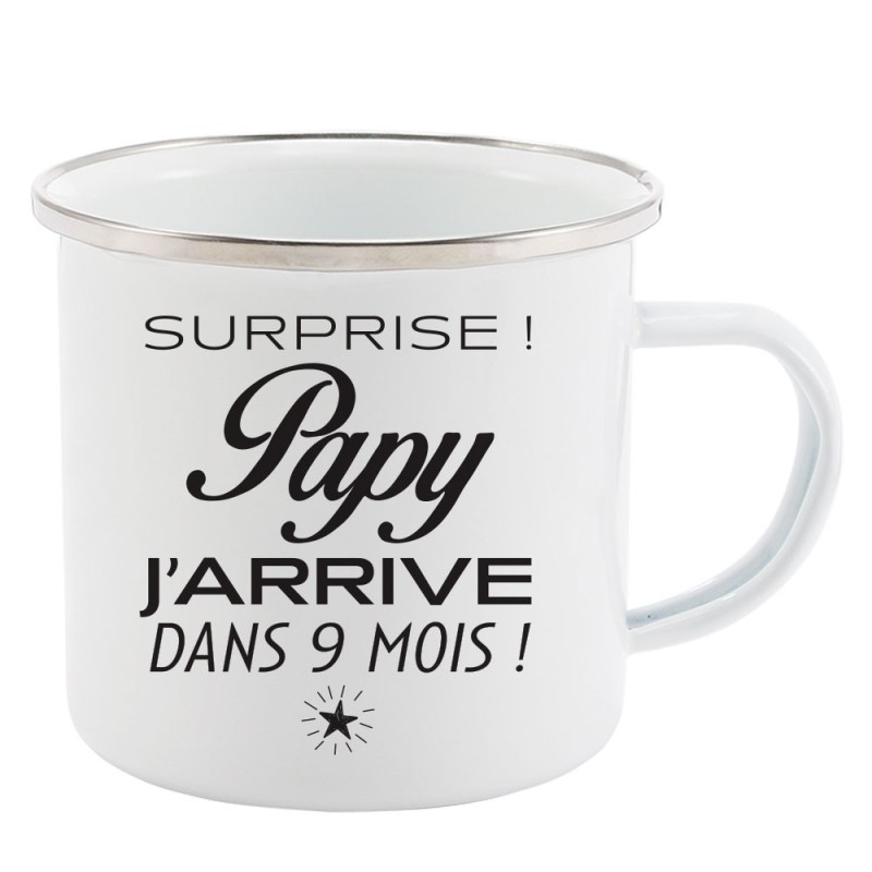 Mug Tasse Rétro en métal émaillé imprimé citation humour humour Surprise papy j'arrive dans 9 mois