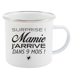 Mug Tasse Rétro en métal émaillé imprimé citation humour humour Surprise mamie j'arrive dans 9 mois