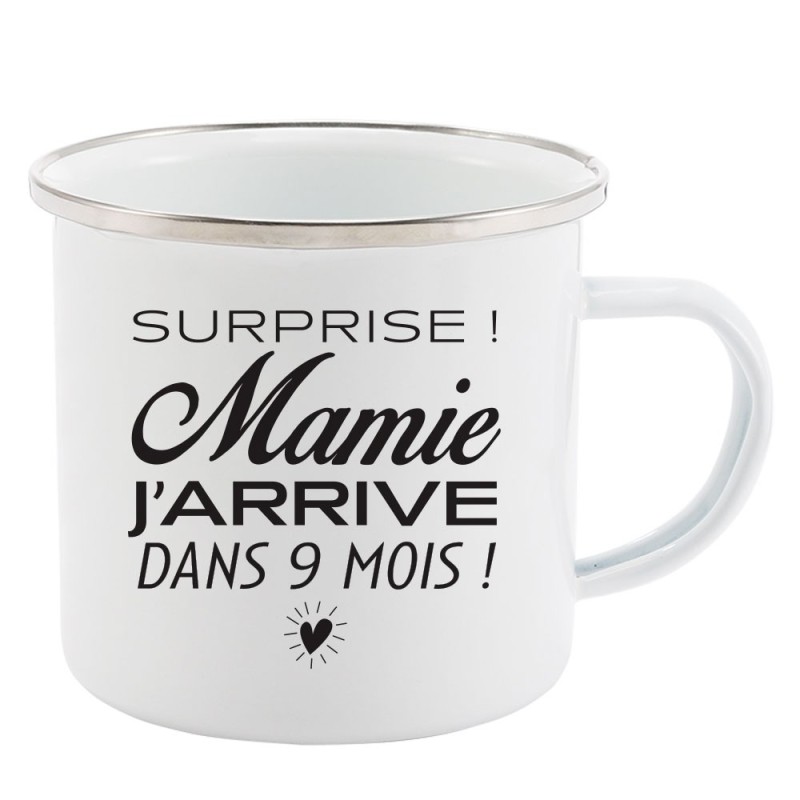 Mug Tasse Rétro en métal émaillé imprimé citation humour humour Surprise mamie j'arrive dans 9 mois