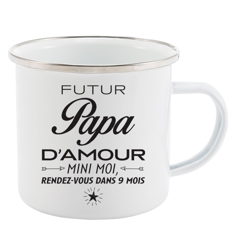 Mug Tasse Rétro en métal émaillé imprimé citation humour humour Futur papa d'amour rendez vous dans 9 mois