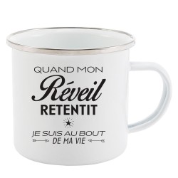 Mug Tasse Rétro en métal émaillé imprimé citation humour humour Quand mon réveil retentit je suis au bout de ma vie