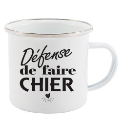 Mug Tasse Rétro en métal émaillé imprimé citation humour humour Défense de faire chier
