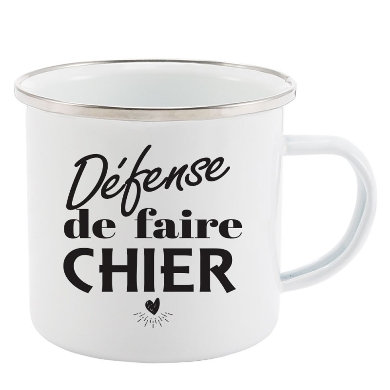 Mug Tasse Rétro en métal émaillé imprimé citation humour humour Défense de faire chier