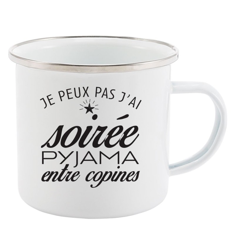 Mug Tasse Rétro en métal émaillé imprimé citation humour je peux pas j'ai soirée pyjama entre copines