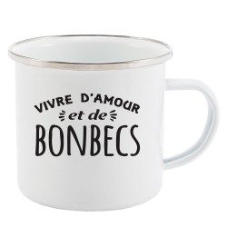 Mug Tasse Rétro en métal émaillé imprimé citation humour Vivre d'amour et de bonbecs