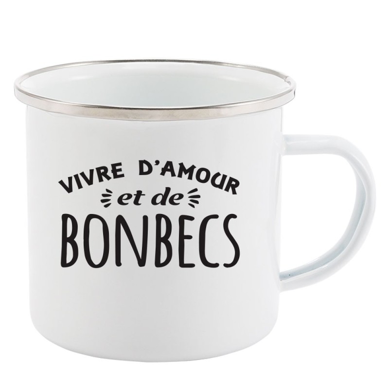 Mug Tasse Rétro en métal émaillé imprimé citation humour Vivre d'amour et de bonbecs