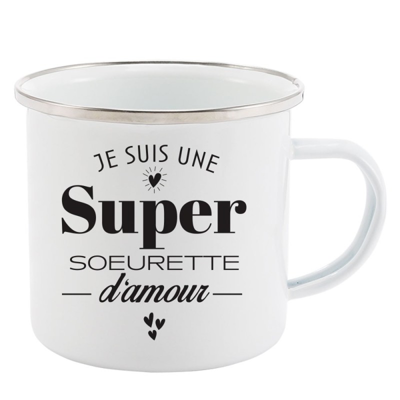 Mug Tasse Rétro en métal émaillé imprimé citation humour Je suis une super soeurette d'amour