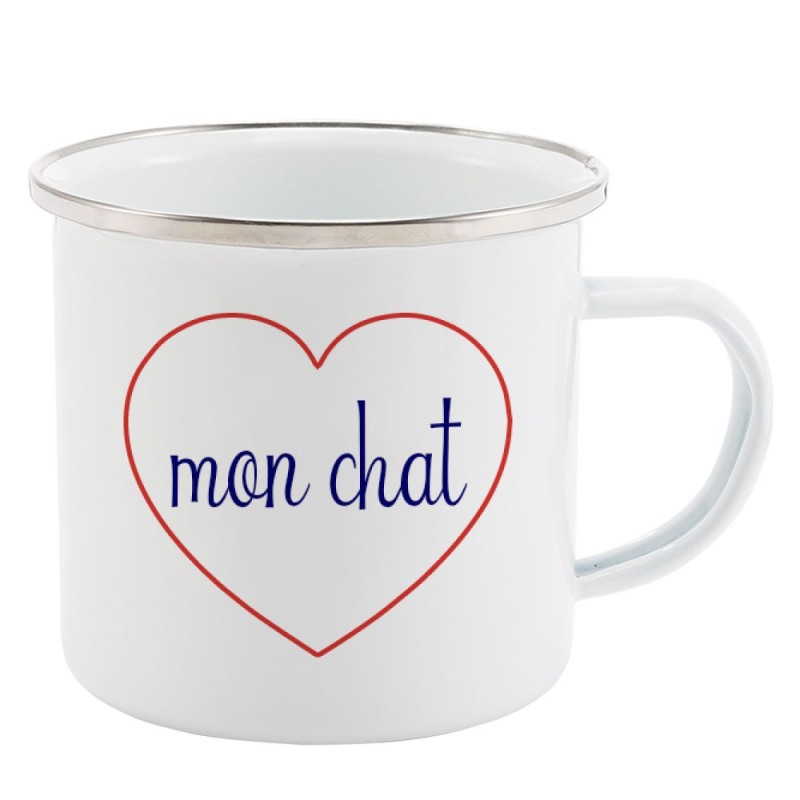 Mug Tasse Rétro en métal émaillé imprimé citation Coeur Mon chat