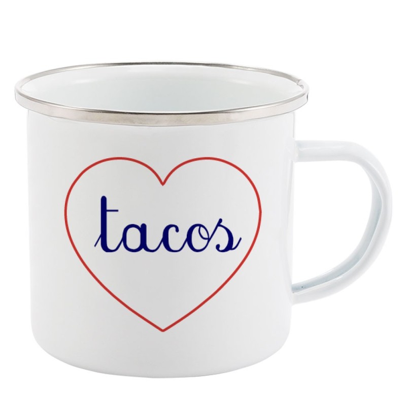 Mug Tasse Rétro en métal émaillé imprimé citation Coeur tacos