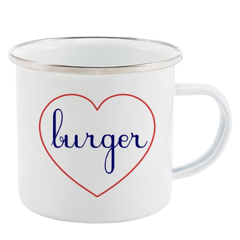 Mug Tasse Rétro en métal émaillé imprimé citation Coeur Burger
