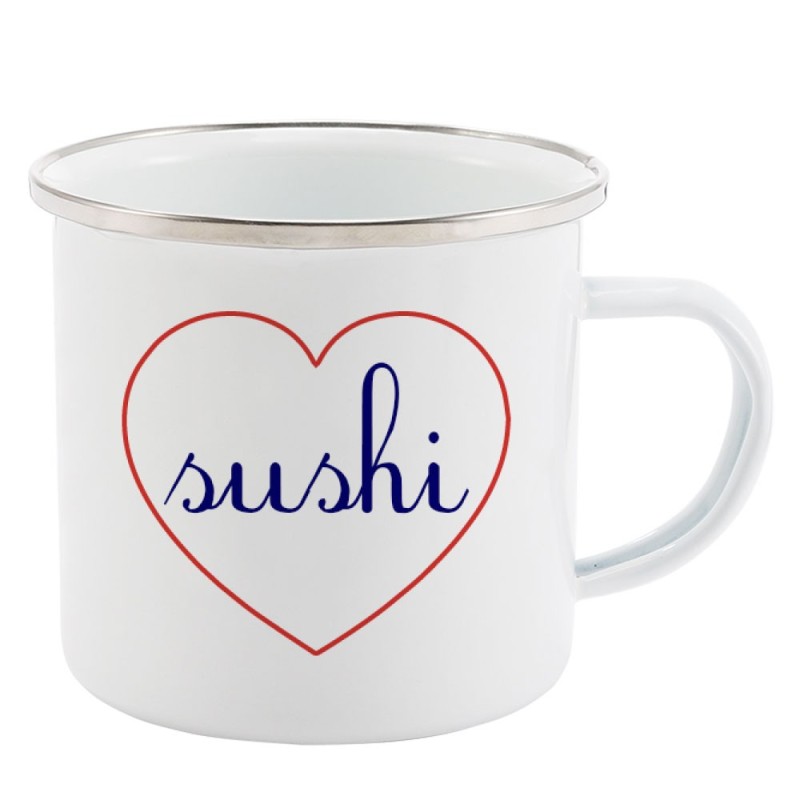 Mug Tasse Rétro en métal émaillé imprimé citation Coeur Sushi