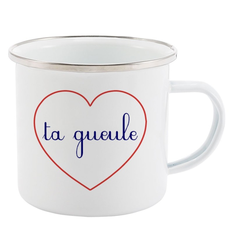 Mug Tasse Rétro en métal émaillé imprimé citation Coeur Ta gueule