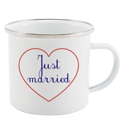 Mug Tasse Rétro en métal émaillé imprimé citation Coeur Just married