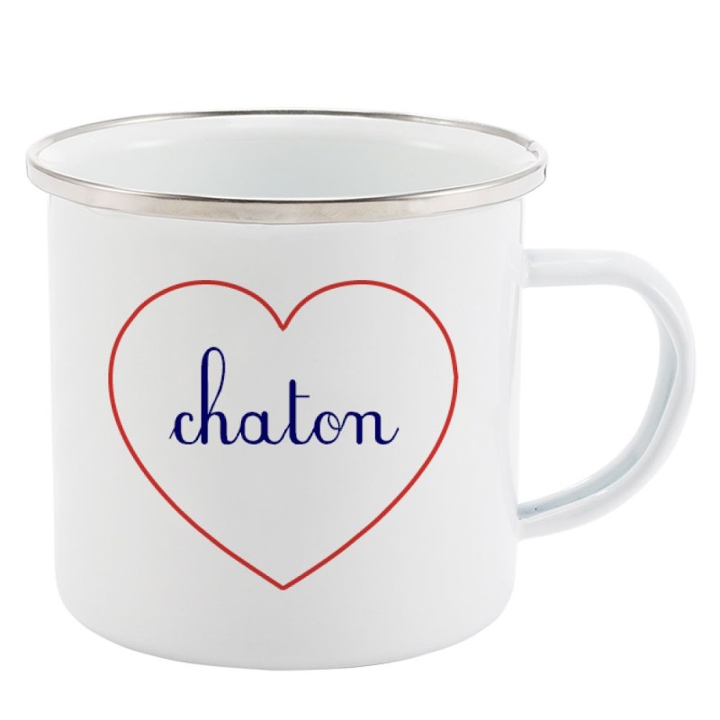 Mug Tasse Rétro en métal émaillé imprimé citation Coeur Chaton