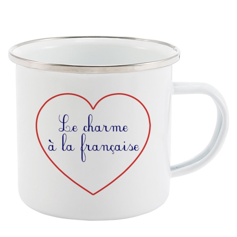 Mug Tasse Rétro en métal émaillé imprimé citation Coeur Le charme à la française