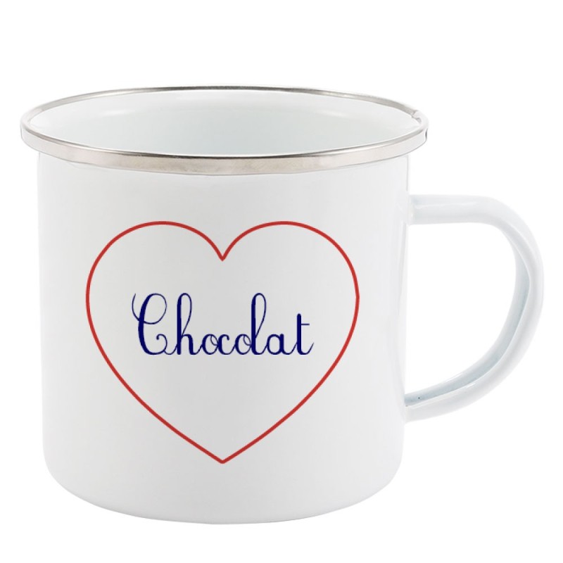 Mug Tasse Rétro en métal émaillé imprimé citation Coeur chocolat