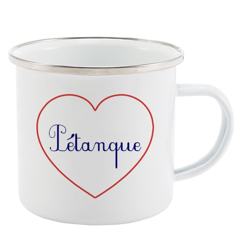 Mug Tasse Rétro en métal émaillé imprimé citation Coeur Pétanque