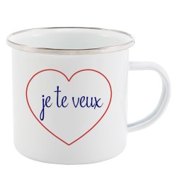 Mug Tasse Rétro en métal émaillé imprimé citation Coeur Je te veux