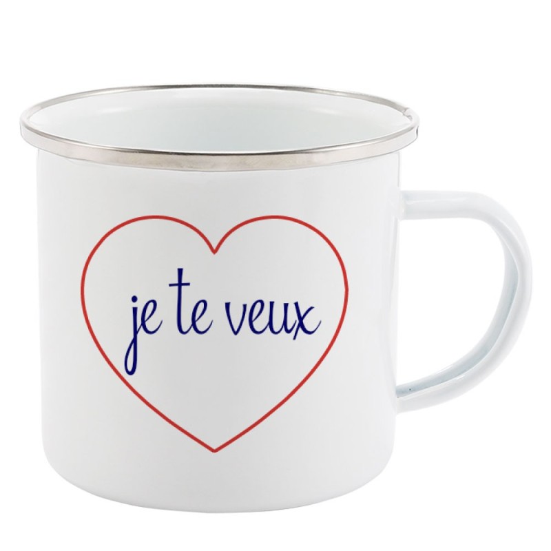 Mug Tasse Rétro en métal émaillé imprimé citation Coeur Je te veux