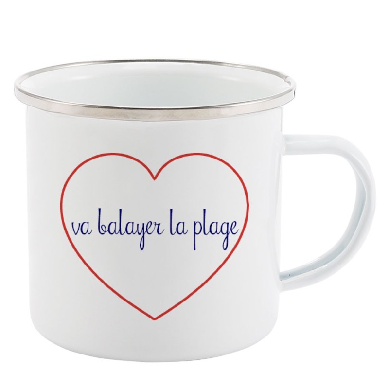 Mug Tasse Rétro en métal émaillé imprimé citation Coeur va balayer la plage