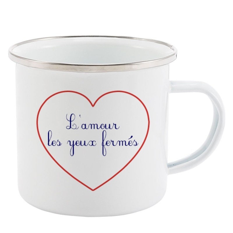 Mug Tasse Rétro en métal émaillé imprimé citation Coeur l'amour les yeux fermés