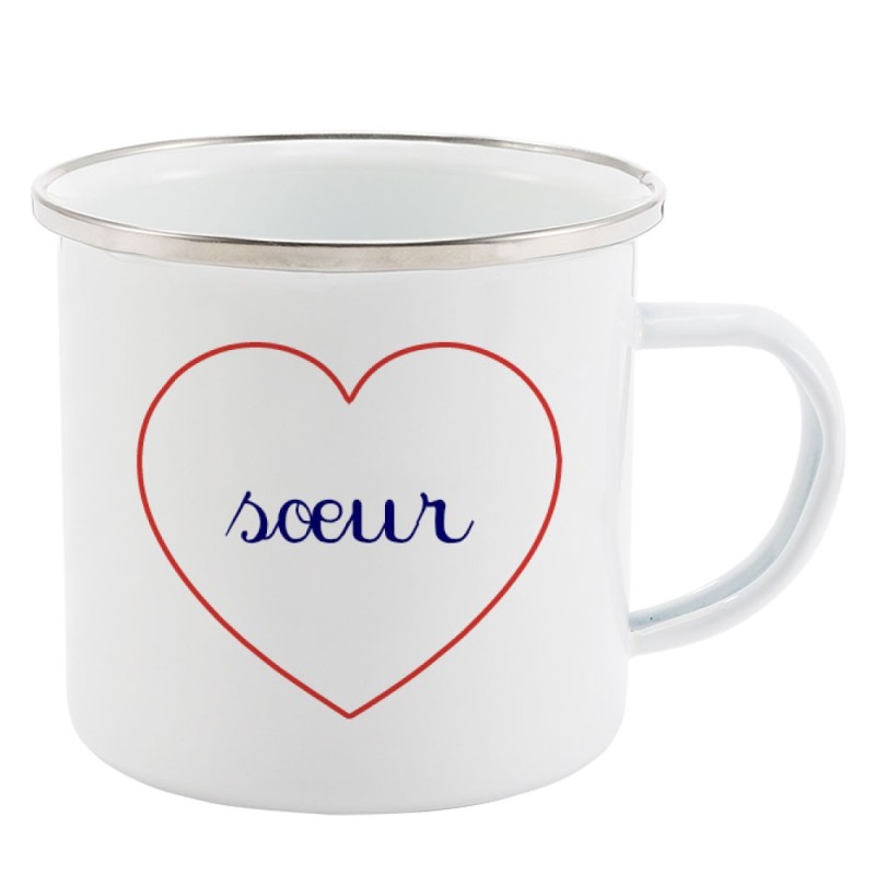 Mug Tasse Rétro en métal émaillé imprimé citation Coeur soeur
