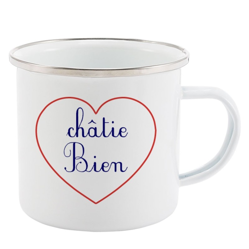 Mug Tasse Rétro en métal émaillé imprimé citation Coeur Châtie bien