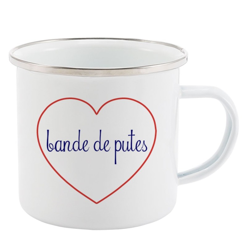 Mug Tasse Rétro en métal émaillé imprimé citation Coeur Bande de putes