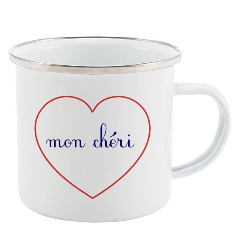 Mug Tasse Rétro en métal émaillé imprimé citation Coeur Mon chéri