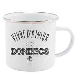 Mug Tasse Rétro en métal émaillé imprimé citation Vivre d'amour et de bonbecs