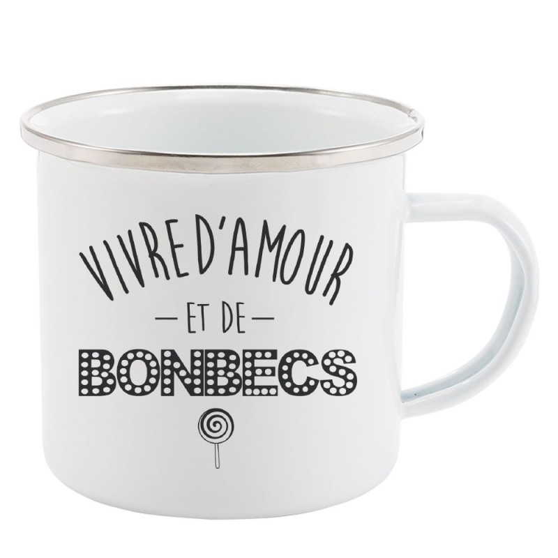 Mug Tasse Rétro en métal émaillé imprimé citation Vivre d'amour et de bonbecs