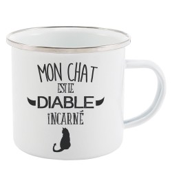 Mug Tasse Rétro en métal émaillé imprimé citation Mon chat est la diable incarné