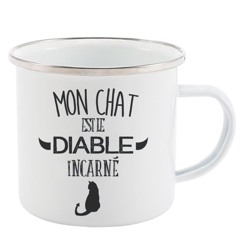 Mug Tasse Rétro en métal émaillé imprimé citation Mon chat est la diable incarné