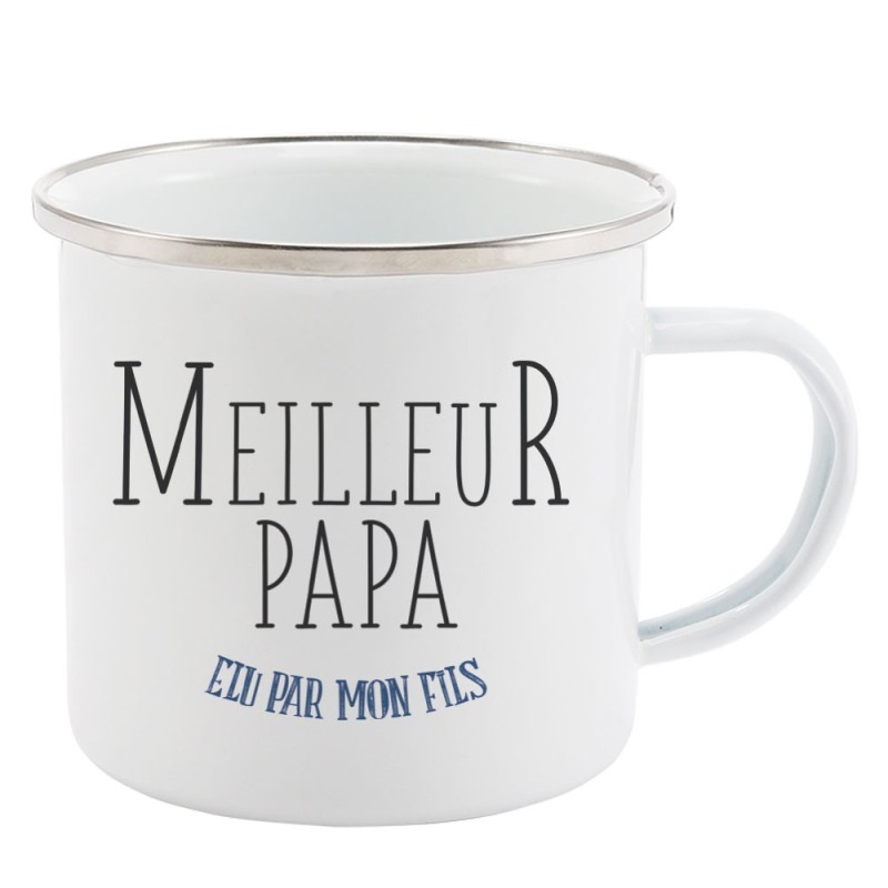 Mug Tasse Rétro en métal émaillé imprimé citation Meilleur papa élu par mon fils