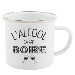 Mug Tasse Rétro en métal émaillé imprimé citation L'alcool ça fait boire