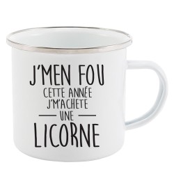 Mug Tasse Rétro en métal émaillé imprimé citation J'men fou cette année j'machete une licorne