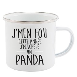 Mug Tasse Rétro en métal émaillé imprimé citation J'men fou cette année j'machete un panda