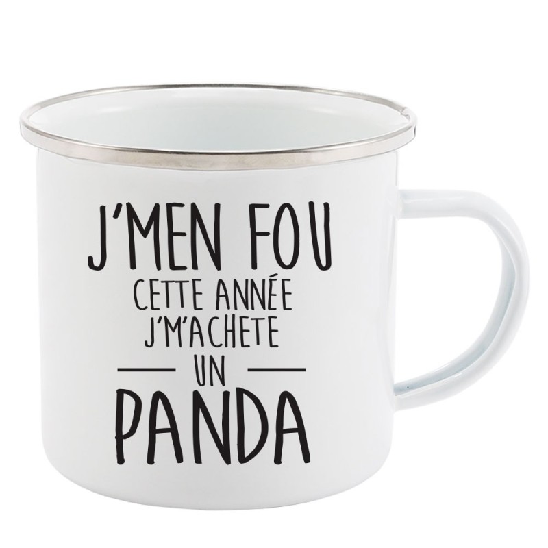 Mug Tasse Rétro en métal émaillé imprimé citation J'men fou cette année j'machete un panda