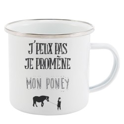 Mug Tasse Rétro en métal émaillé imprimé citation J'peux pas je promène mon poney