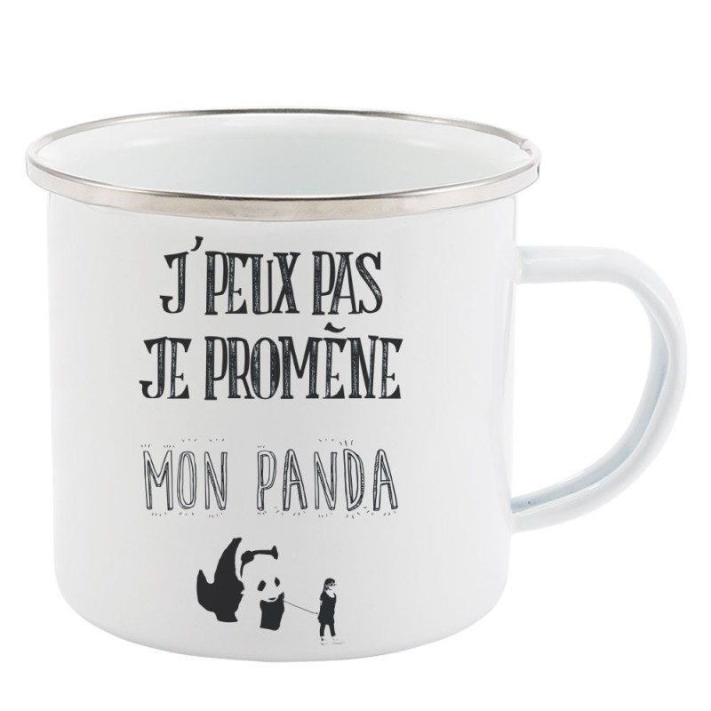 Mug Tasse Rétro en métal émaillé imprimé citation J'peux pas je promène mon panda