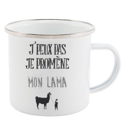 Mug Tasse Rétro en métal émaillé imprimé citation J'peux pas je promène mon lama