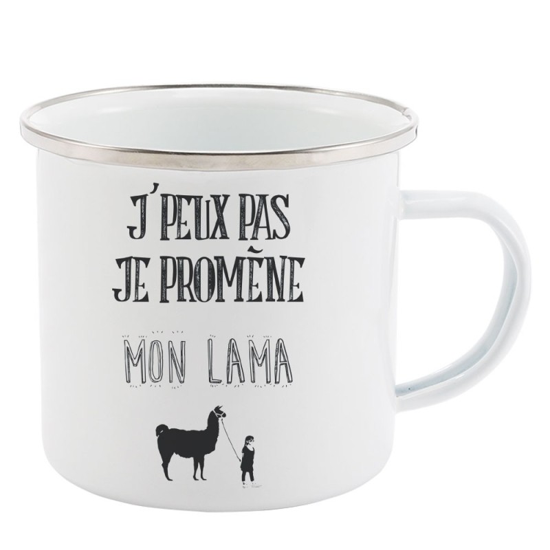 Mug Tasse Rétro en métal émaillé imprimé citation J'peux pas je promène mon lama