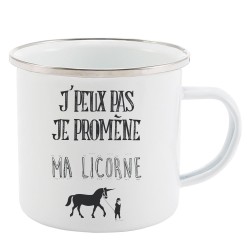Mug Tasse Rétro en métal émaillé imprimé citation J'peux pas je promène ma licorne