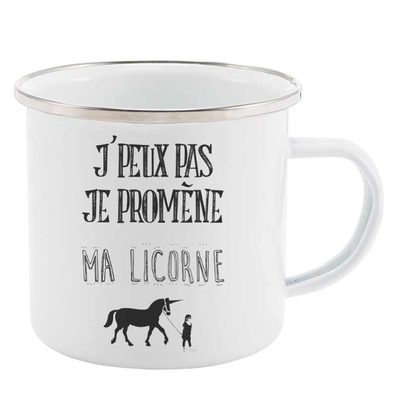 Mug Tasse Rétro en métal émaillé imprimé citation J'peux pas je promène ma licorne