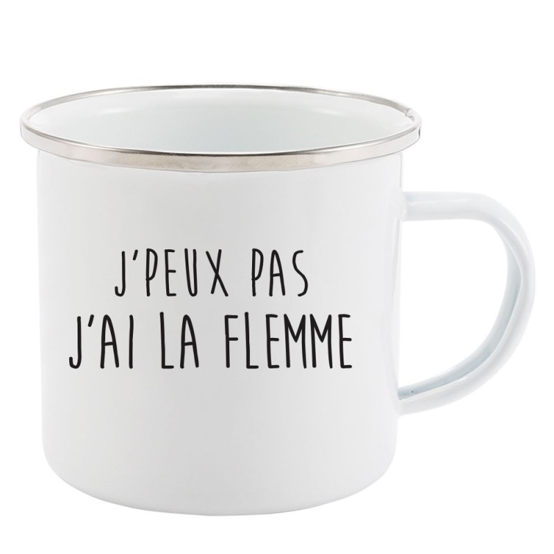 Mug Tasse Rétro en métal émaillé imprimé citation J'peux pas j'ai la flemme